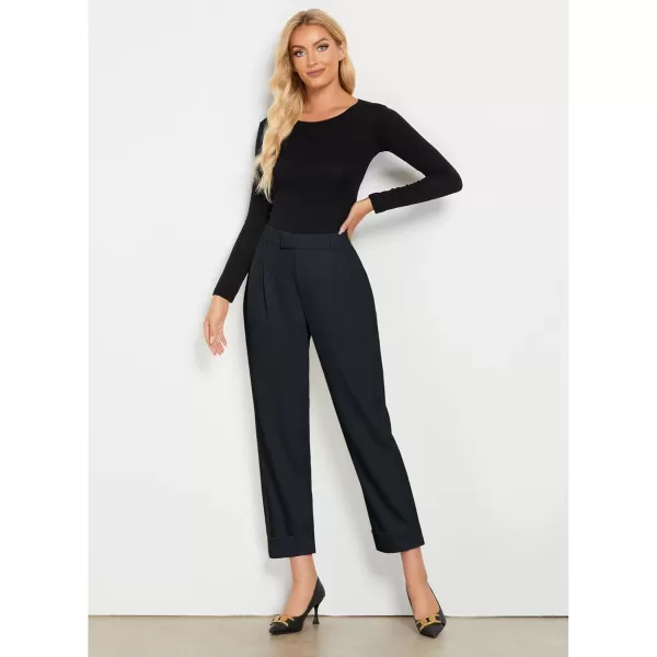 GRAPENT Cropped Pants for Women High Waisted Business Causal Pleated Elastic Waist Cuffed Hem Work Trousers Fall Dress PantsNavy Blue