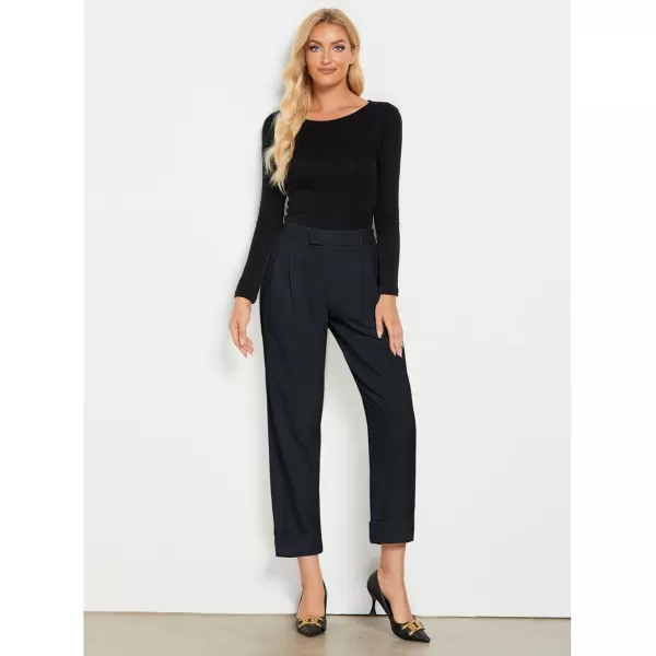 GRAPENT Cropped Pants for Women High Waisted Business Causal Pleated Elastic Waist Cuffed Hem Work Trousers Fall Dress PantsNavy Blue