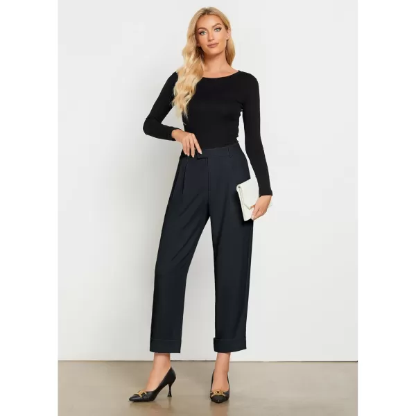 GRAPENT Cropped Pants for Women High Waisted Business Causal Pleated Elastic Waist Cuffed Hem Work Trousers Fall Dress PantsNavy Blue