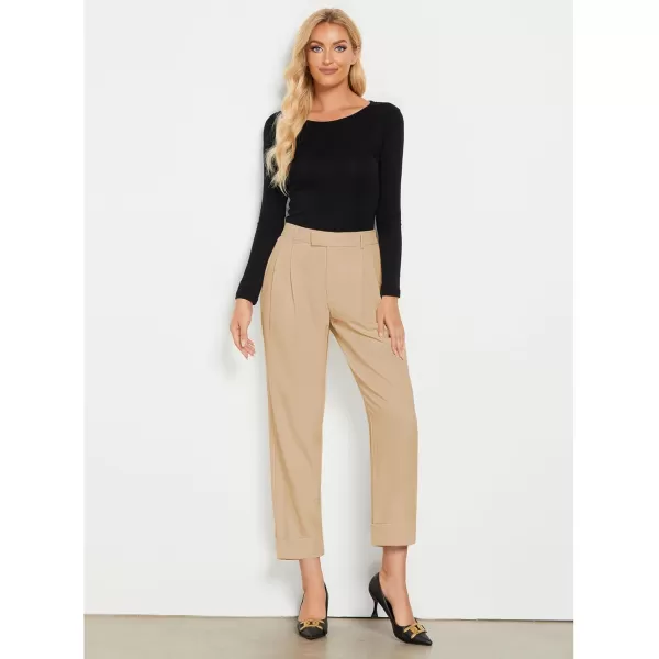 GRAPENT Cropped Pants for Women High Waisted Business Causal Pleated Elastic Waist Cuffed Hem Work Trousers Fall Dress PantsSand