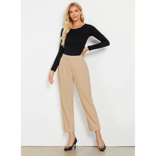 GRAPENT Cropped Pants for Women High Waisted Business Causal Pleated Elastic Waist Cuffed Hem Work Trousers Fall Dress PantsSand