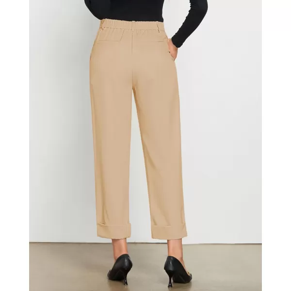 GRAPENT Cropped Pants for Women High Waisted Business Causal Pleated Elastic Waist Cuffed Hem Work Trousers Fall Dress PantsSand