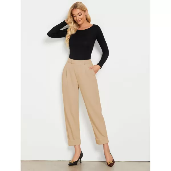 GRAPENT Cropped Pants for Women High Waisted Business Causal Pleated Elastic Waist Cuffed Hem Work Trousers Fall Dress PantsSand