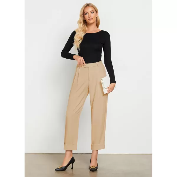 GRAPENT Cropped Pants for Women High Waisted Business Causal Pleated Elastic Waist Cuffed Hem Work Trousers Fall Dress PantsSand