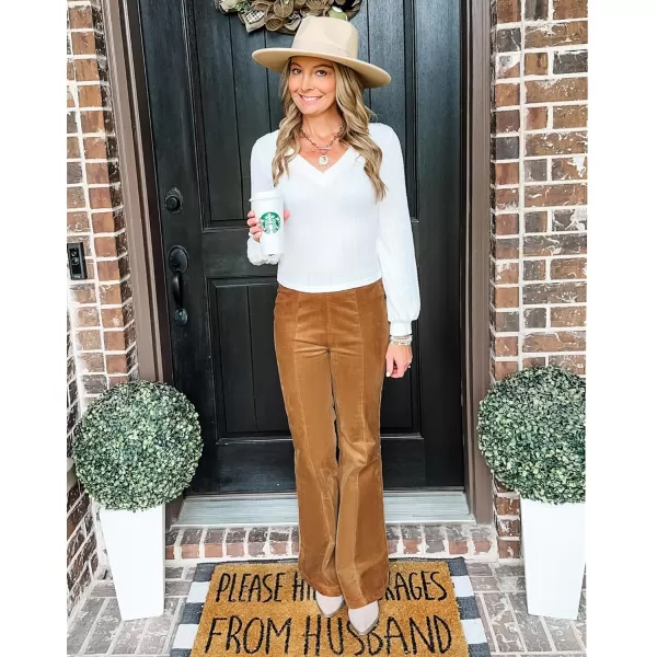 GRAPENT Flare Pants for Women Corduroy Pull On High Waisted Wide Leg Trouser Pants Stretch Bell Bottom Front Seam SlacksPumpkin Brown