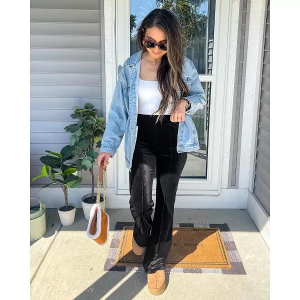 GRAPENT Flare Velvet Pants for Women High Waisted Wide Leg Stretch Elastic Waist Pull On Trousers Front Seam SlacksBlack