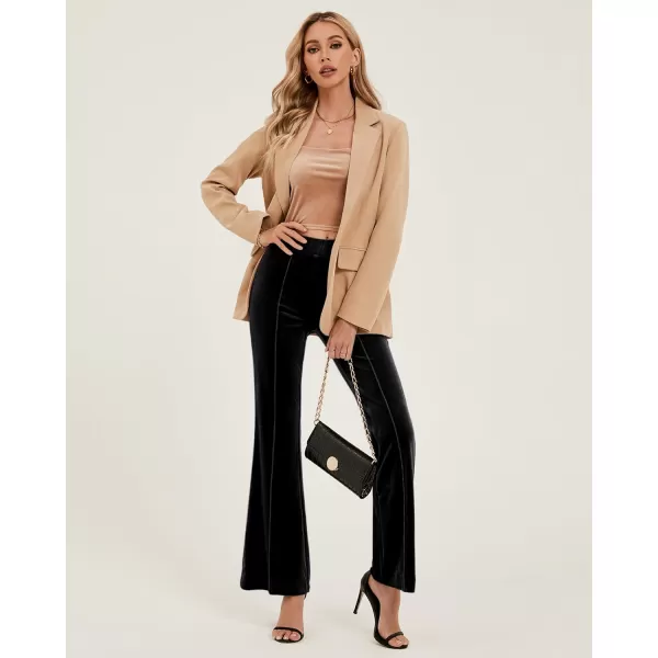 GRAPENT Flare Velvet Pants for Women High Waisted Wide Leg Stretch Elastic Waist Pull On Trousers Front Seam SlacksBlack