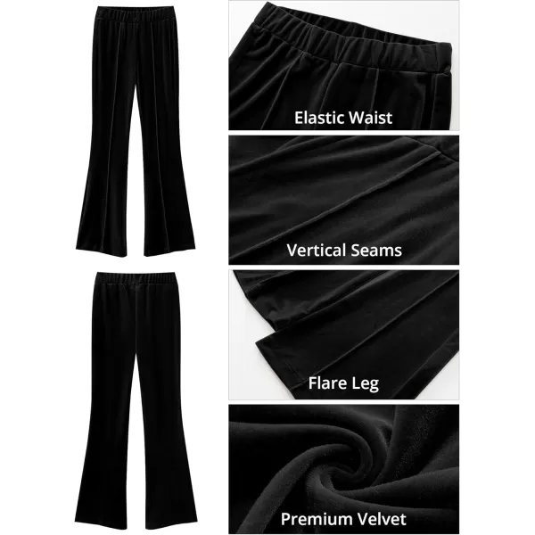 GRAPENT Flare Velvet Pants for Women High Waisted Wide Leg Stretch Elastic Waist Pull On Trousers Front Seam SlacksBlack