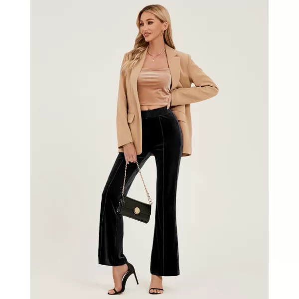 GRAPENT Flare Velvet Pants for Women High Waisted Wide Leg Stretch Elastic Waist Pull On Trousers Front Seam SlacksBlack