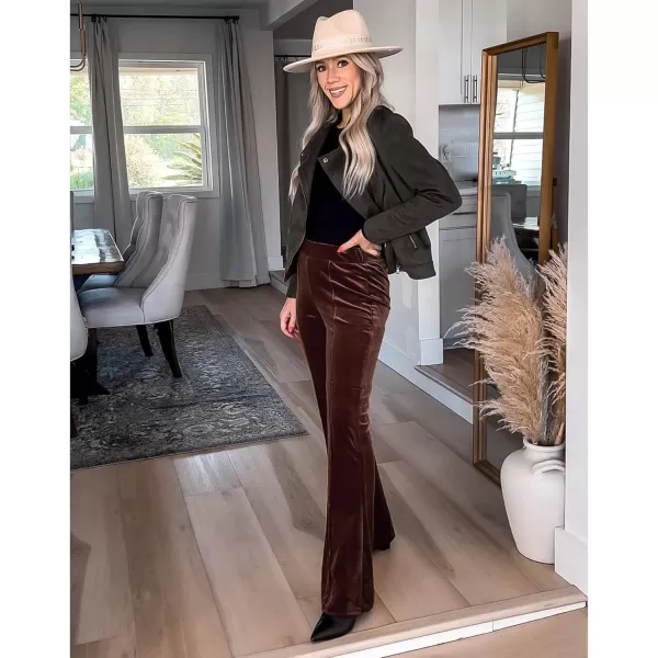 GRAPENT Flare Velvet Pants for Women High Waisted Wide Leg Stretch Elastic Waist Pull On Trousers Front Seam SlacksChocolate Brown