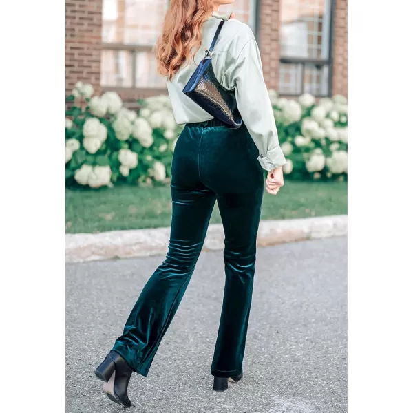 GRAPENT Flare Velvet Pants for Women High Waisted Wide Leg Stretch Elastic Waist Pull On Trousers Front Seam SlacksDark Green