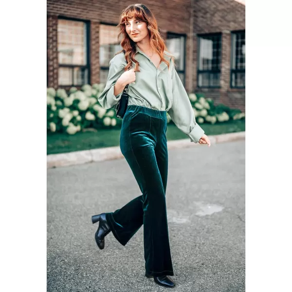 GRAPENT Flare Velvet Pants for Women High Waisted Wide Leg Stretch Elastic Waist Pull On Trousers Front Seam SlacksDark Green