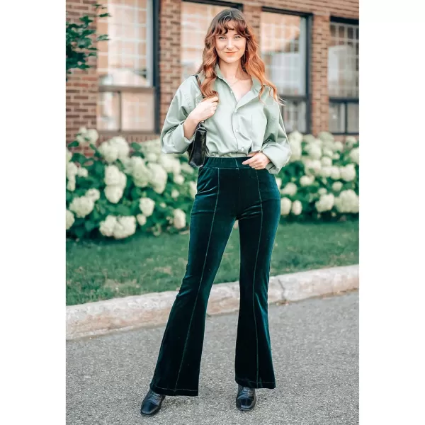 GRAPENT Flare Velvet Pants for Women High Waisted Wide Leg Stretch Elastic Waist Pull On Trousers Front Seam SlacksDark Green