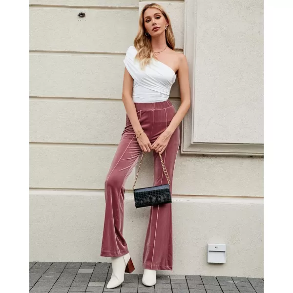 GRAPENT Flare Velvet Pants for Women High Waisted Wide Leg Stretch Elastic Waist Pull On Trousers Front Seam SlacksDusty Rose