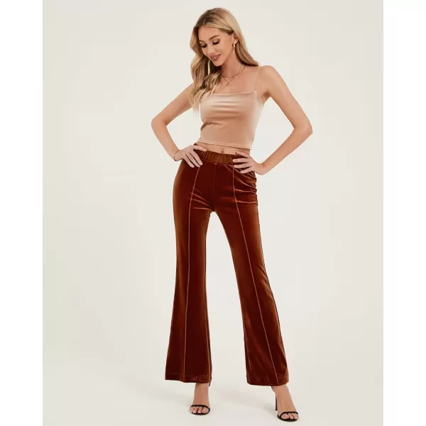 GRAPENT Flare Velvet Pants for Women High Waisted Wide Leg Stretch Elastic Waist Pull On Trousers Front Seam SlacksSugar Almond