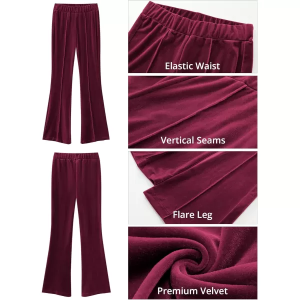 GRAPENT Flare Velvet Pants for Women High Waisted Wide Leg Stretch Elastic Waist Pull On Trousers Front Seam SlacksWine Red