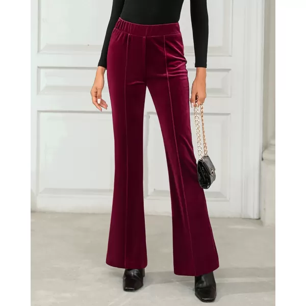 GRAPENT Flare Velvet Pants for Women High Waisted Wide Leg Stretch Elastic Waist Pull On Trousers Front Seam SlacksWine Red