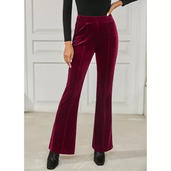 GRAPENT Flare Velvet Pants for Women High Waisted Wide Leg Stretch Elastic Waist Pull On Trousers Front Seam SlacksWine Red