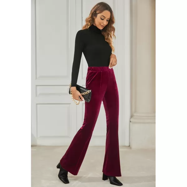 GRAPENT Flare Velvet Pants for Women High Waisted Wide Leg Stretch Elastic Waist Pull On Trousers Front Seam SlacksWine Red