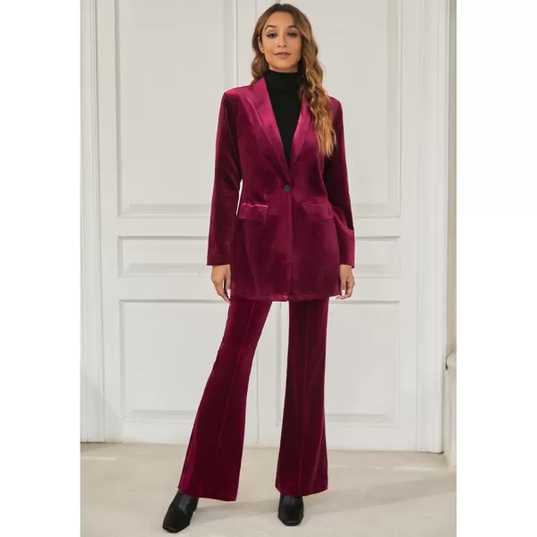 GRAPENT Flare Velvet Pants for Women High Waisted Wide Leg Stretch Elastic Waist Pull On Trousers Front Seam SlacksWine Red