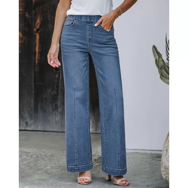 GRAPENT Pull On Womens Jeans Baggy Stretchy High Waisted Denim Wide Leg Trouser Pants Trendy Front Seam 90s Loose JeanBay Blue