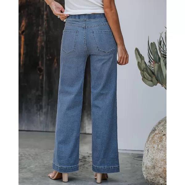 GRAPENT Pull On Womens Jeans Baggy Stretchy High Waisted Denim Wide Leg Trouser Pants Trendy Front Seam 90s Loose JeanBay Blue