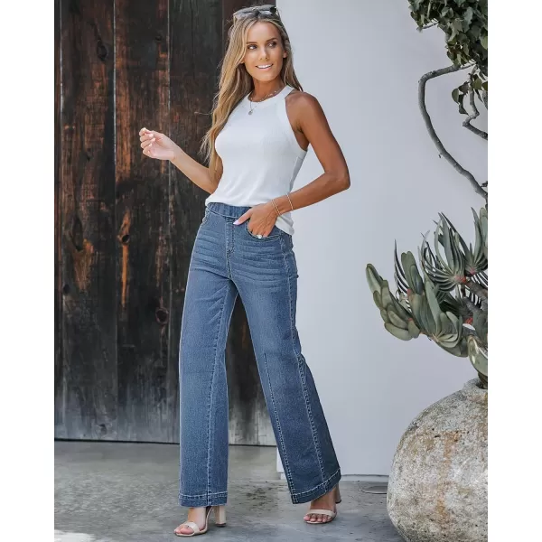 GRAPENT Pull On Womens Jeans Baggy Stretchy High Waisted Denim Wide Leg Trouser Pants Trendy Front Seam 90s Loose JeanBay Blue