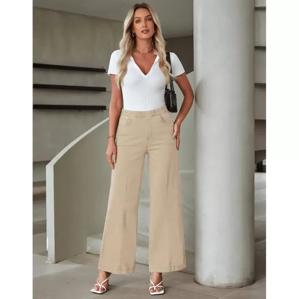 GRAPENT Pull On Womens Jeans Baggy Stretchy High Waisted Denim Wide Leg Trouser Pants Trendy Front Seam 90s Loose JeanBeige