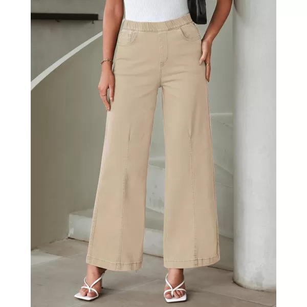 GRAPENT Pull On Womens Jeans Baggy Stretchy High Waisted Denim Wide Leg Trouser Pants Trendy Front Seam 90s Loose JeanBeige