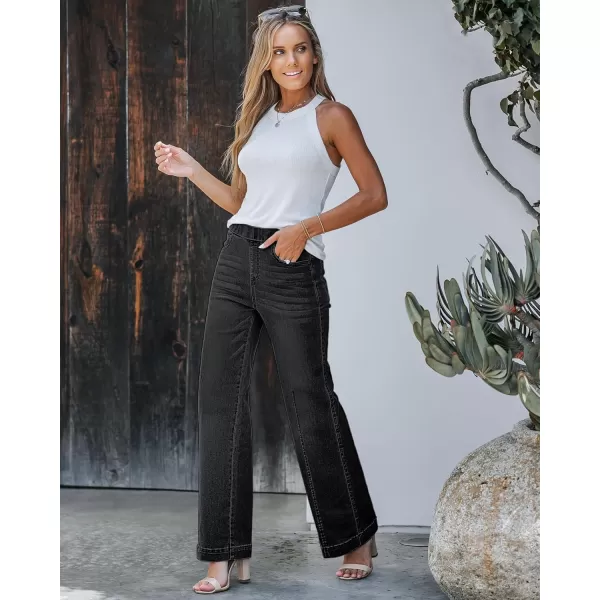GRAPENT Pull On Womens Jeans Baggy Stretchy High Waisted Denim Wide Leg Trouser Pants Trendy Front Seam 90s Loose JeanBlack