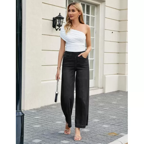 GRAPENT Pull On Womens Jeans Baggy Stretchy High Waisted Denim Wide Leg Trouser Pants Trendy Front Seam 90s Loose JeanBlack