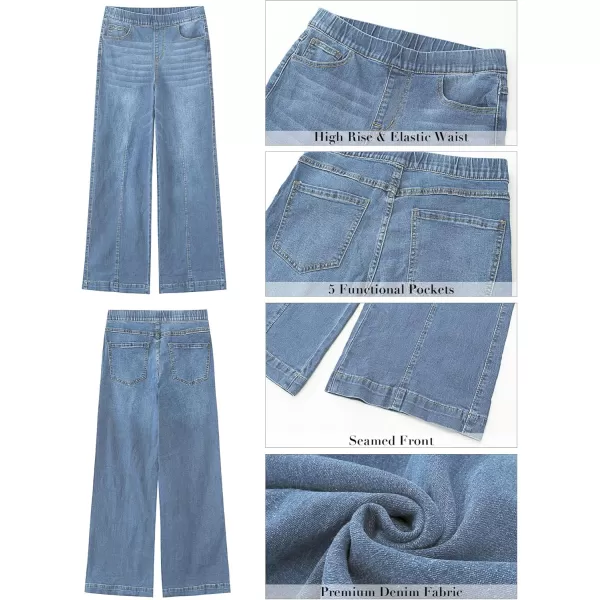 GRAPENT Pull On Womens Jeans Baggy Stretchy High Waisted Denim Wide Leg Trouser Pants Trendy Front Seam 90s Loose JeanBright Star Blue Stone Wash