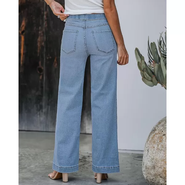 GRAPENT Pull On Womens Jeans Baggy Stretchy High Waisted Denim Wide Leg Trouser Pants Trendy Front Seam 90s Loose JeanBright Star Blue Stone Wash