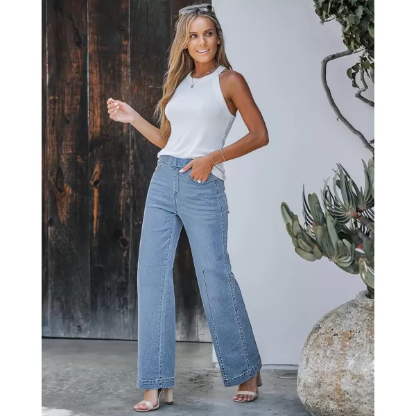 GRAPENT Pull On Womens Jeans Baggy Stretchy High Waisted Denim Wide Leg Trouser Pants Trendy Front Seam 90s Loose JeanBright Star Blue Stone Wash