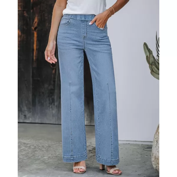 GRAPENT Pull On Womens Jeans Baggy Stretchy High Waisted Denim Wide Leg Trouser Pants Trendy Front Seam 90s Loose JeanBright Star Blue Stone Wash