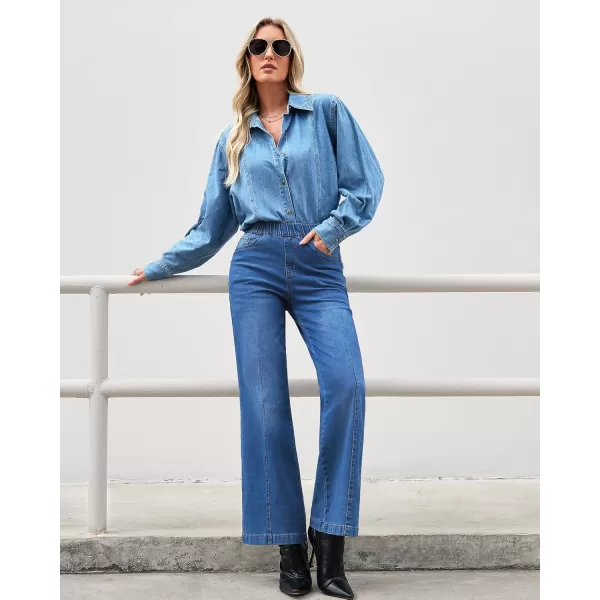 GRAPENT Pull On Womens Jeans Baggy Stretchy High Waisted Denim Wide Leg Trouser Pants Trendy Front Seam 90s Loose JeanClassic Blue