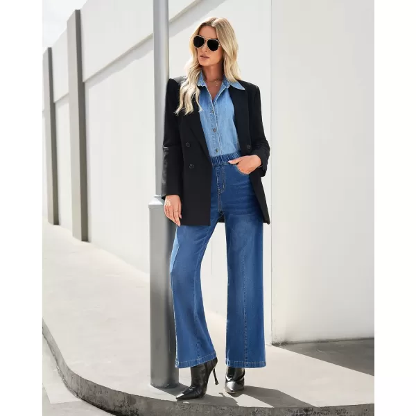 GRAPENT Pull On Womens Jeans Baggy Stretchy High Waisted Denim Wide Leg Trouser Pants Trendy Front Seam 90s Loose JeanClassic Blue