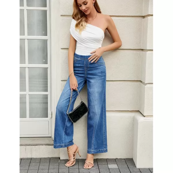 GRAPENT Pull On Womens Jeans Baggy Stretchy High Waisted Denim Wide Leg Trouser Pants Trendy Front Seam 90s Loose JeanClassic Blue