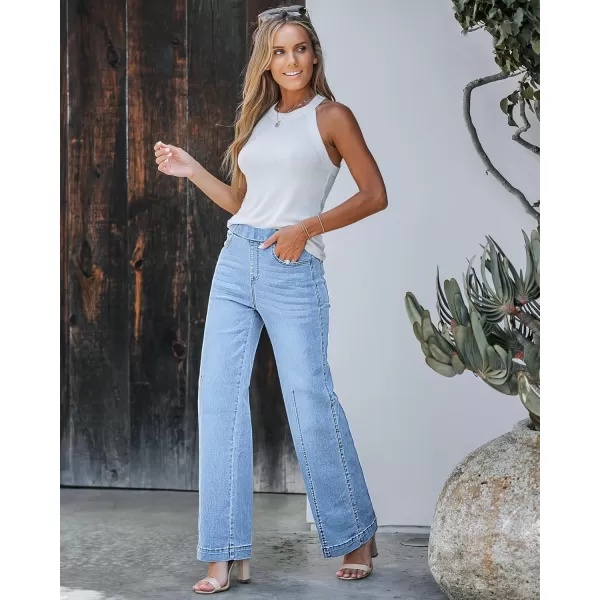 GRAPENT Pull On Womens Jeans Baggy Stretchy High Waisted Denim Wide Leg Trouser Pants Trendy Front Seam 90s Loose JeanLakeside Blue