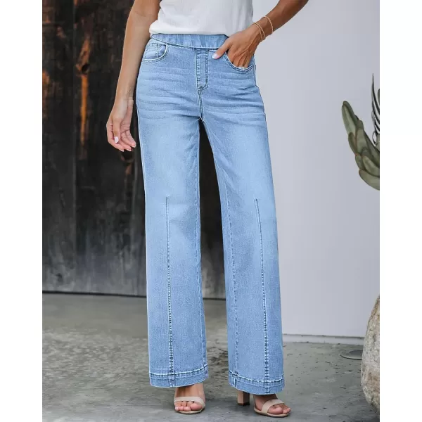 GRAPENT Pull On Womens Jeans Baggy Stretchy High Waisted Denim Wide Leg Trouser Pants Trendy Front Seam 90s Loose JeanLakeside Blue