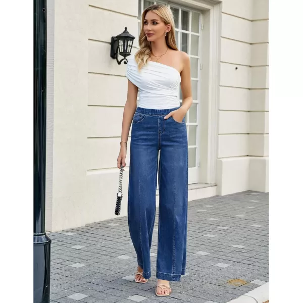 GRAPENT Pull On Womens Jeans Baggy Stretchy High Waisted Denim Wide Leg Trouser Pants Trendy Front Seam 90s Loose JeanNightfall Blue