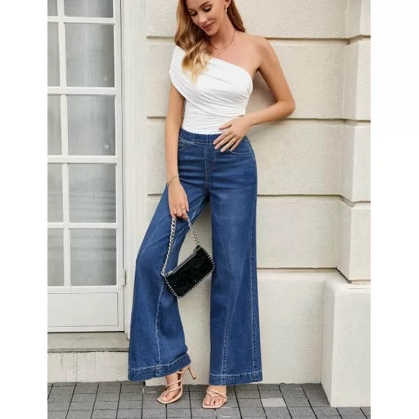 GRAPENT Pull On Womens Jeans Baggy Stretchy High Waisted Denim Wide Leg Trouser Pants Trendy Front Seam 90s Loose JeanNightfall Blue