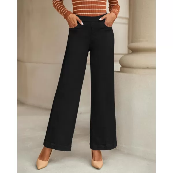 GRAPENT Pull On Womens Jeans Baggy Stretchy High Waisted Denim Wide Leg Trouser Pants Trendy Front Seam 90s Loose JeanTrue Black