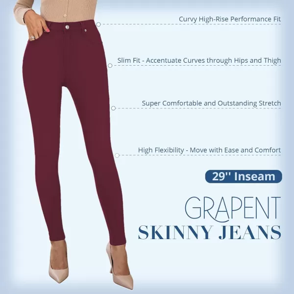 GRAPENT Skinny Jeans for Women High Waist Stretchy Classic High Rise Slimming Jeggings Denim Trousers PantsWine Red