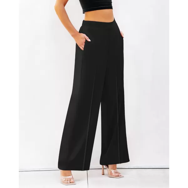 GRAPENT Wide Leg Dress Pants Women High Waisted Pull On Business Casual Work Pants Elastic Waist Dressy Trousers PocketsBlack