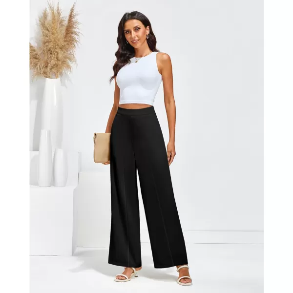 GRAPENT Wide Leg Dress Pants Women High Waisted Pull On Business Casual Work Pants Elastic Waist Dressy Trousers PocketsBlack