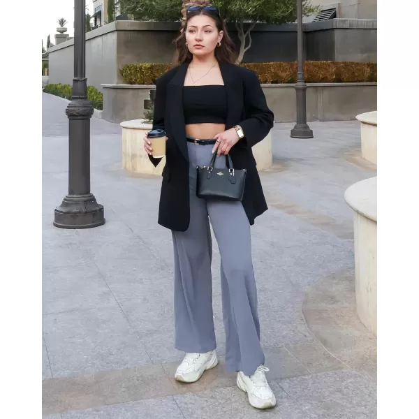 GRAPENT Wide Leg Dress Pants Women High Waisted Pull On Business Casual Work Pants Elastic Waist Dressy Trousers PocketsBlue Gray