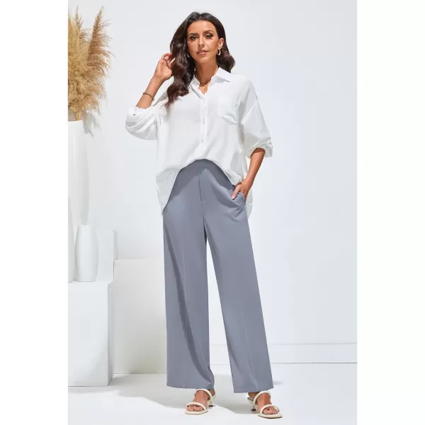 GRAPENT Wide Leg Dress Pants Women High Waisted Pull On Business Casual Work Pants Elastic Waist Dressy Trousers PocketsBlue Gray