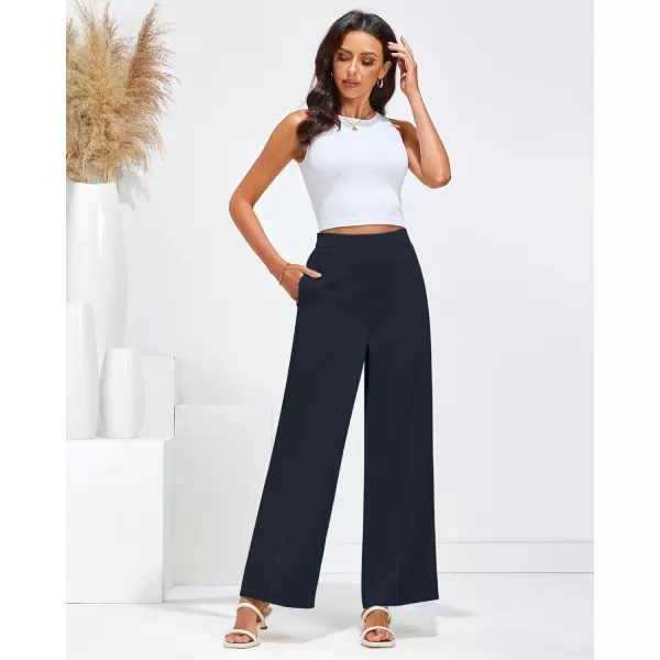 GRAPENT Wide Leg Dress Pants Women High Waisted Pull On Business Casual Work Pants Elastic Waist Dressy Trousers PocketsDark Blue
