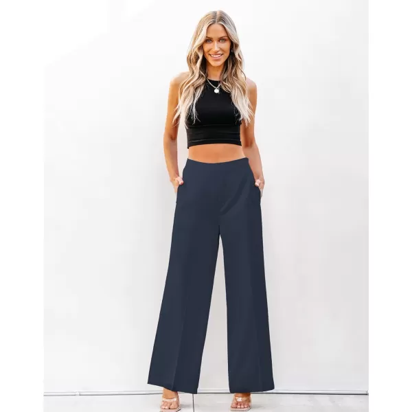 GRAPENT Wide Leg Dress Pants Women High Waisted Pull On Business Casual Work Pants Elastic Waist Dressy Trousers PocketsDark Blue